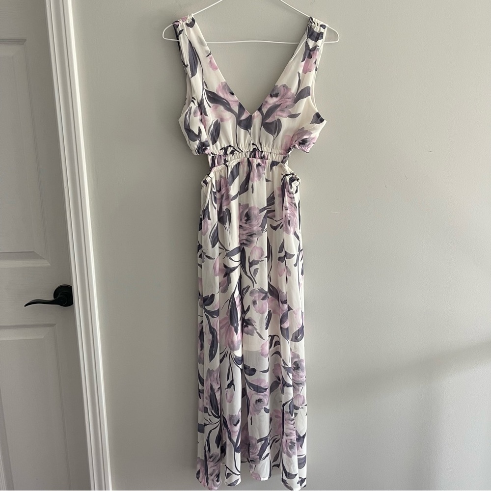 Sienna Sky lavender floral chiffon side cutout dress